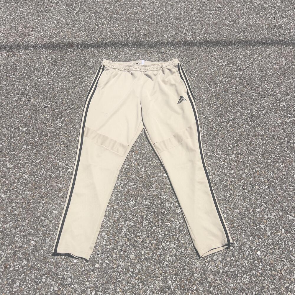 Adidas Track Pants Mens XL Beige Side Stripe Tapered Joggers Athletic Zip Ankle